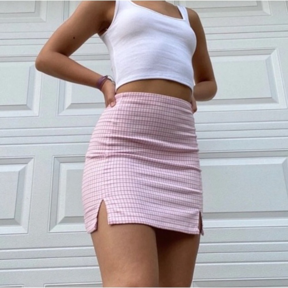 Brandy Melville Clueless Preppy Pink Plaid Cara Mini Skirt High Waist Front Slit